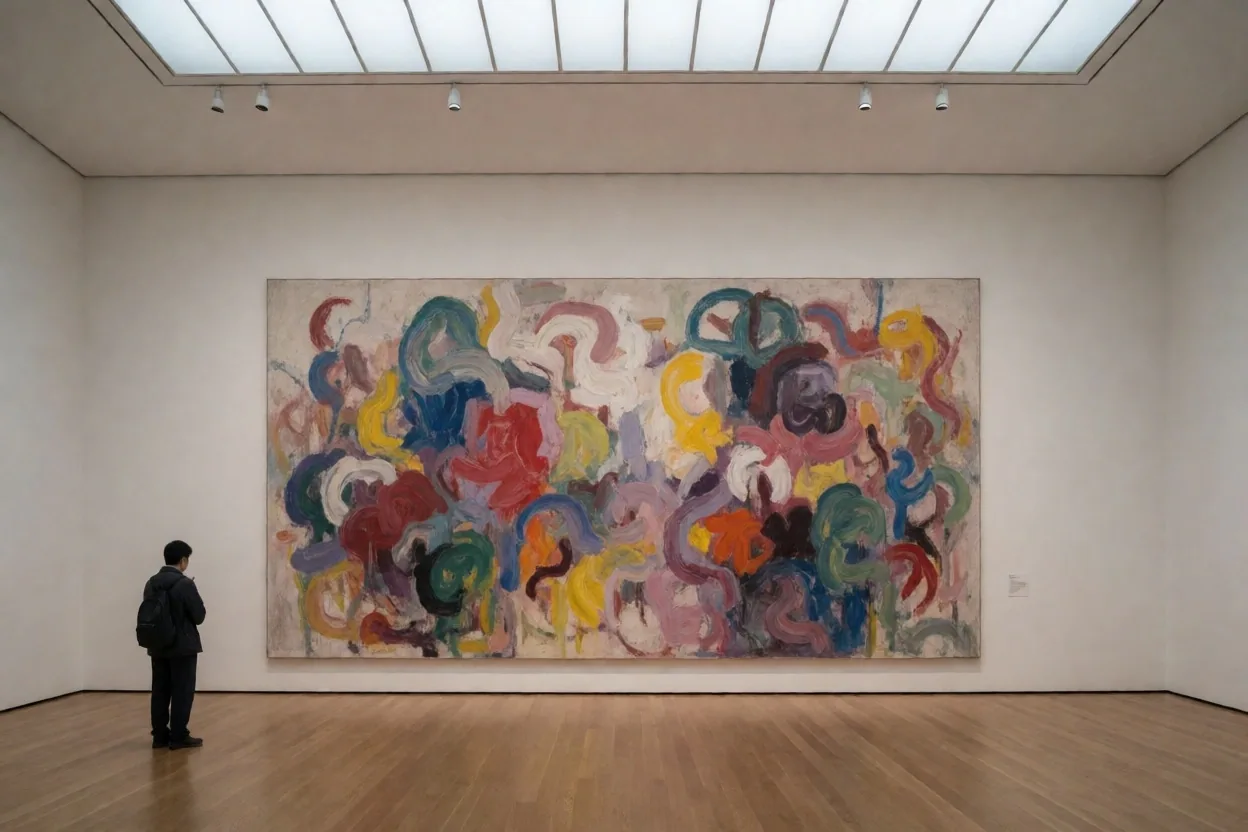 Visitante contemplando una pintura abstracta en un museo