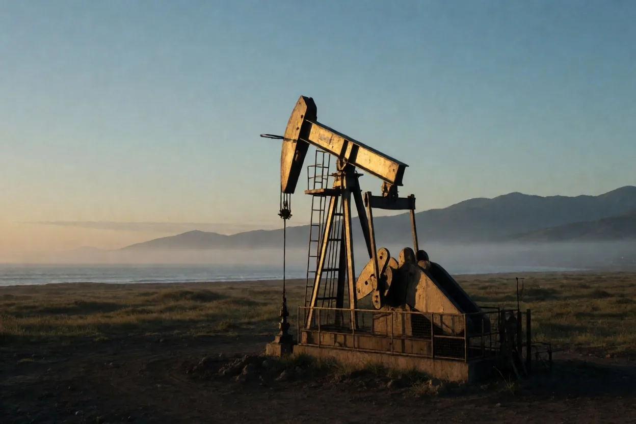 Bomba de extracción de petróleo al amanecer en un paisaje costero latinoamericano