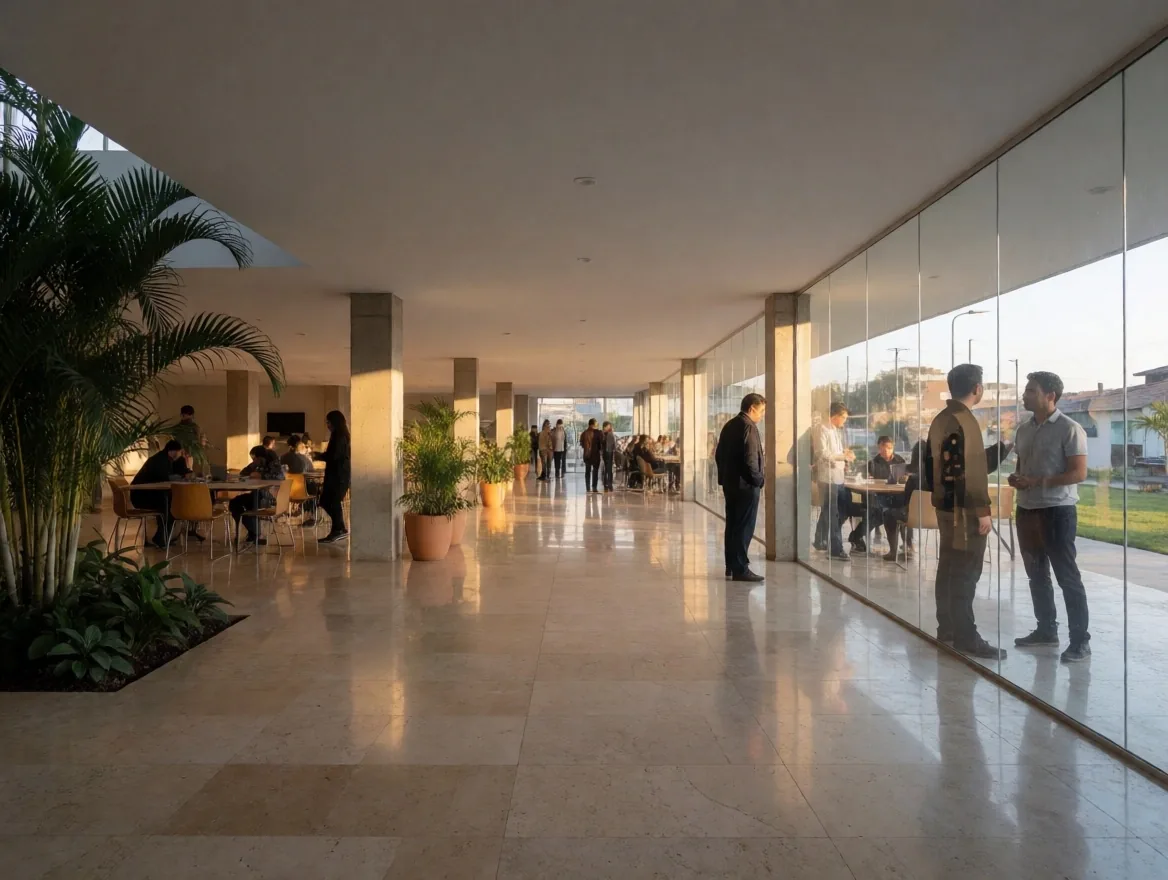 Emprendedora trabajando en un espacio de coworking en Quito con luz de tarde