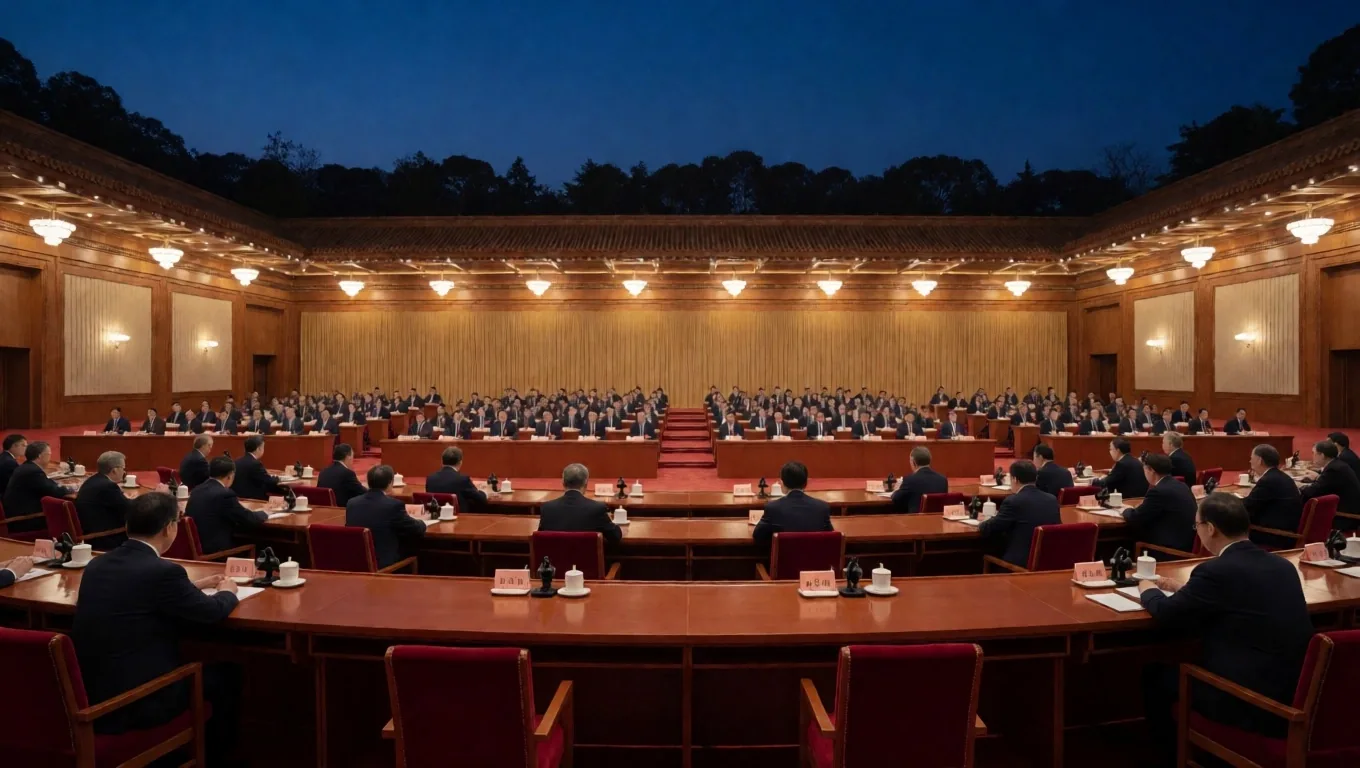 Sala de cumbre diplomática internacional al anochecer