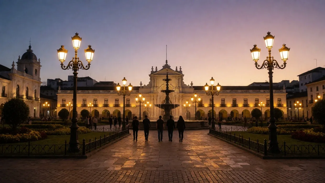 Plaza de tránsito en Quito al atardecer